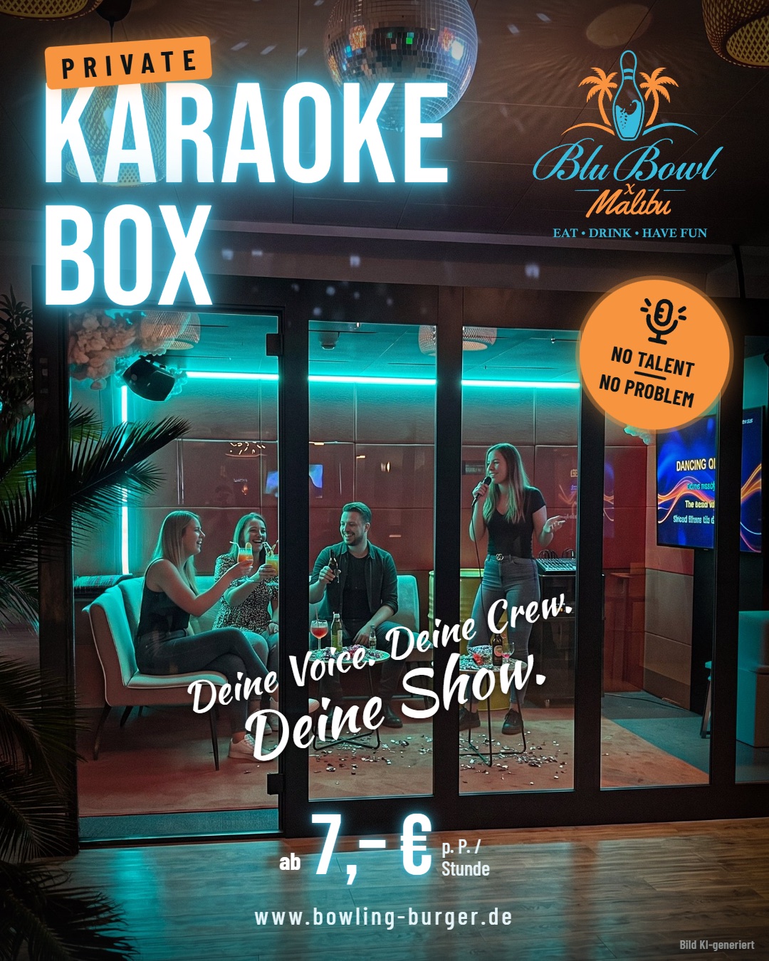 Flyer Private Karaoke Box: Gruppe singt und feiert in der beleuchteten Karaoke-Box im Blu Bowl x Malibu, ab 7 Euro pro Person und Stunde
